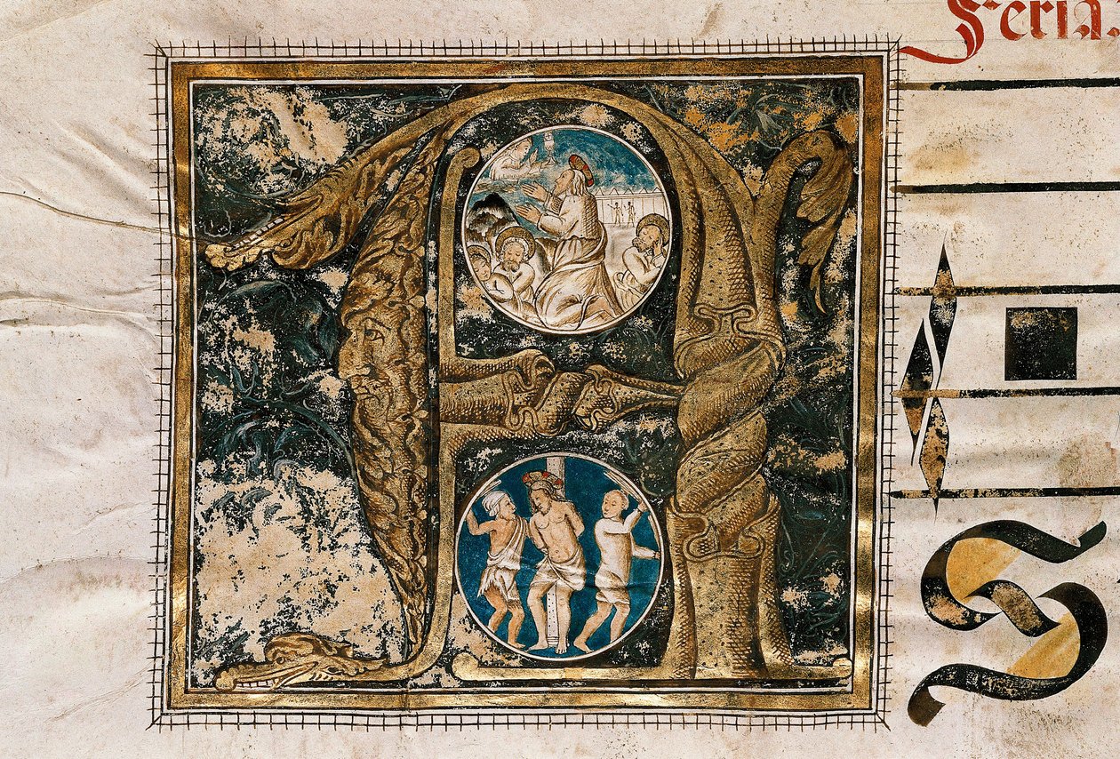 Verlichte brief van de prediking van Jezus voor de apostelen en de geseling, uit een manuscript van liturgische liederen door Unknown artist