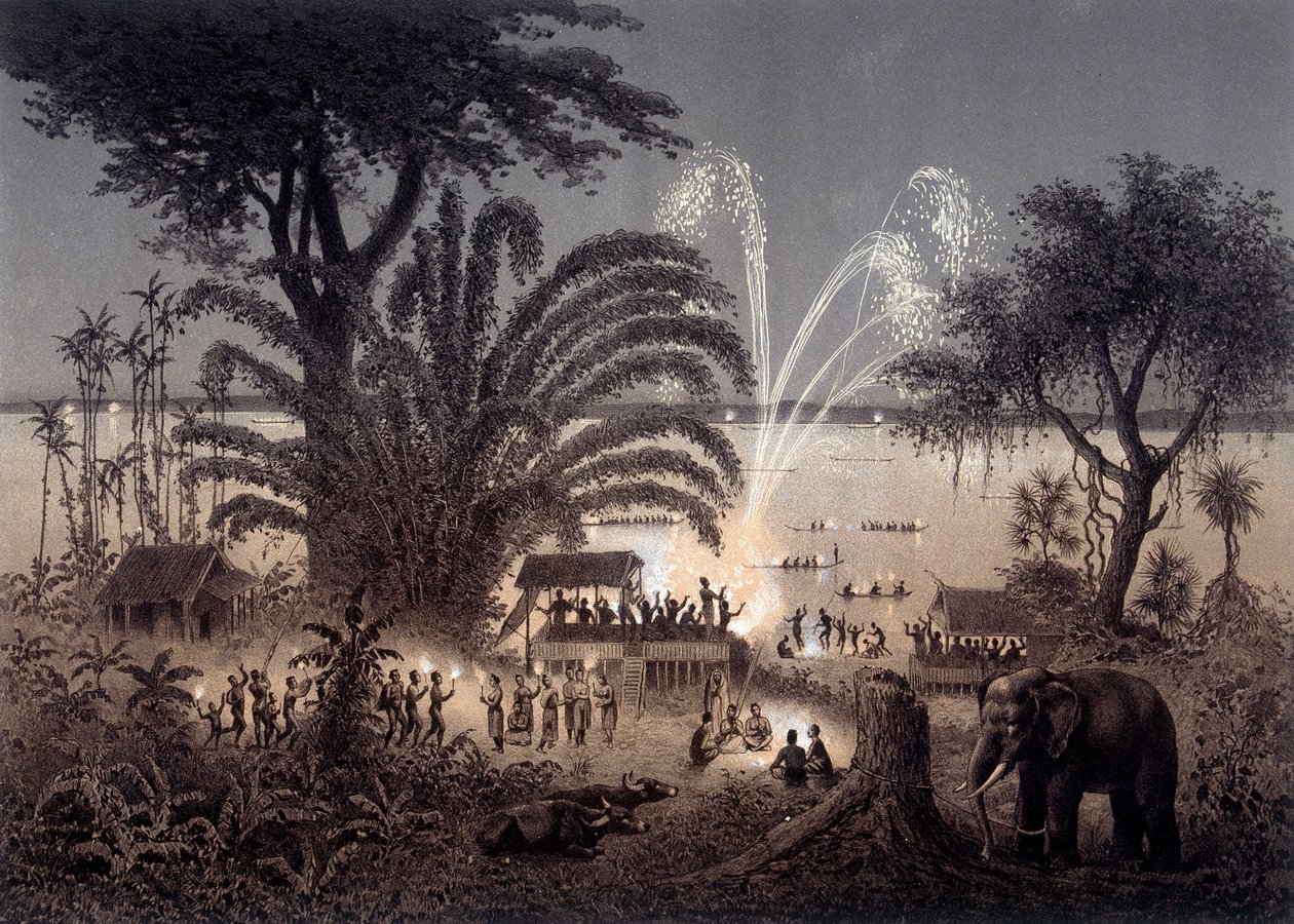Verlichting van de rivier tijdens het Festival van Bassac, Siamese Laos. In "Atlas van de ontdekkingsreis in Indochina uitgevoerd tijdens de jaren 1866-1868" gepubliceerd onder leiding van F. Garnier 1873 door Unknown artist