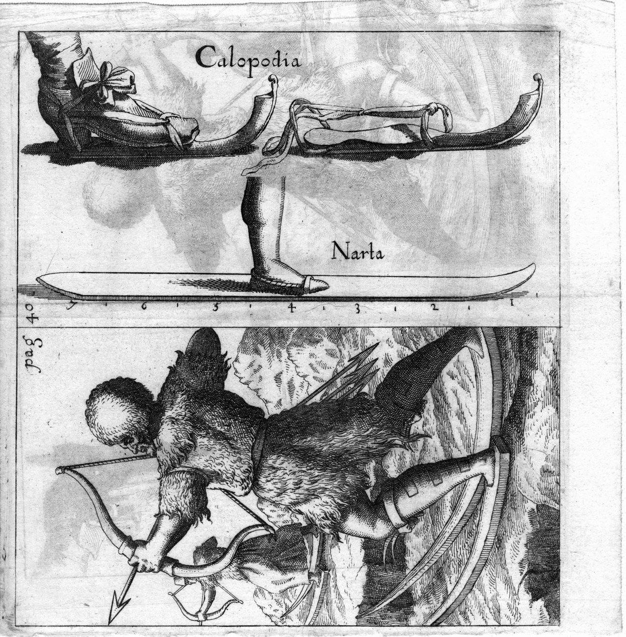 Geïllustreerde plaat die een oud type ski weergeeft. Gravure uit het einde van de 17e eeuw. door Unknown artist