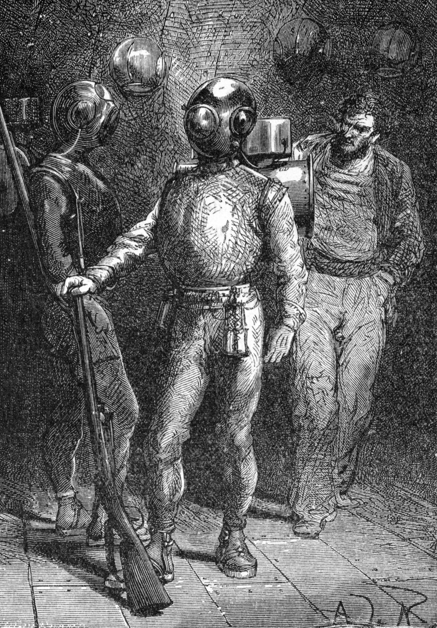 Illustratie van "Twintigduizend mijlen onder zee" door Jules Verne. Een matroos van de Nautilus in het Rouquayrol-Denayrouze duikpak. Gravure uit de 19e eeuw door Unknown artist
