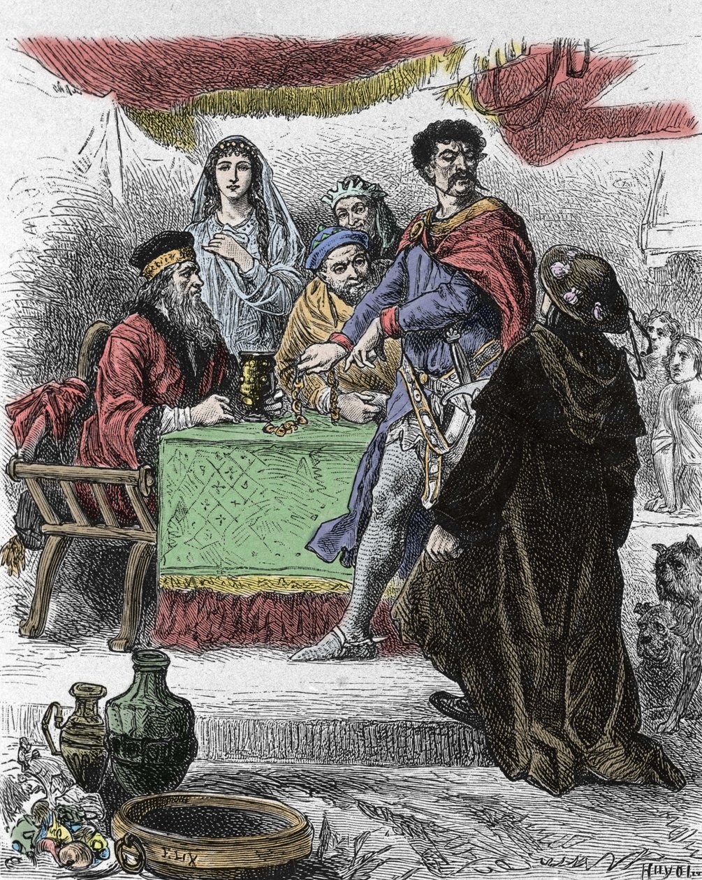 Illustratie voor “Ivanhoe” door Walter Scott (1771-1832), Schotse schrijver: Ivanhoe wordt uitgedaagd door Saksische ridder Brian de Bois Guilbert. door Unknown artist