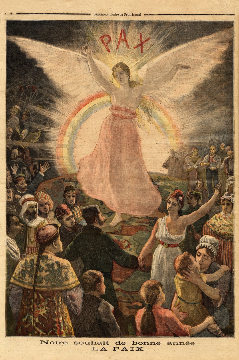 Illustratie voor nieuwjaarsgroeten 1894, vrede voor alle naties. Gravure in Le petit journal 1/01/1894. Selva