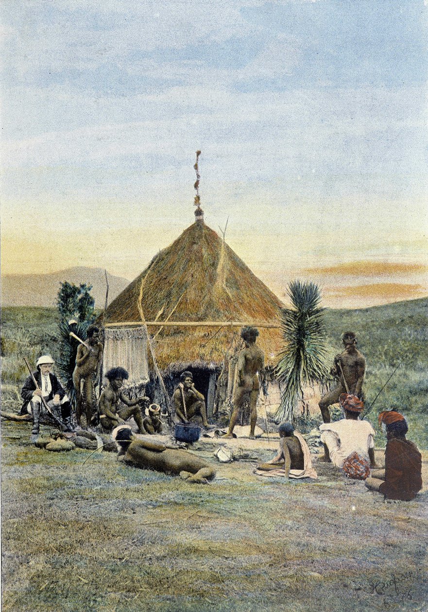 Illustratie van een telegraafkamp bij Uarai in Nieuw-Caledonië door Unknown artist
