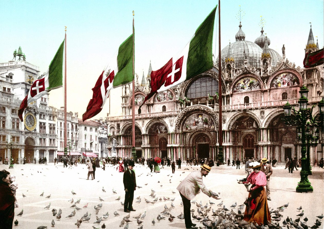 Illustratie van het San Marcoplein in Venetië. Fotochrome uit het einde van de 19e eeuw door Unknown artist
