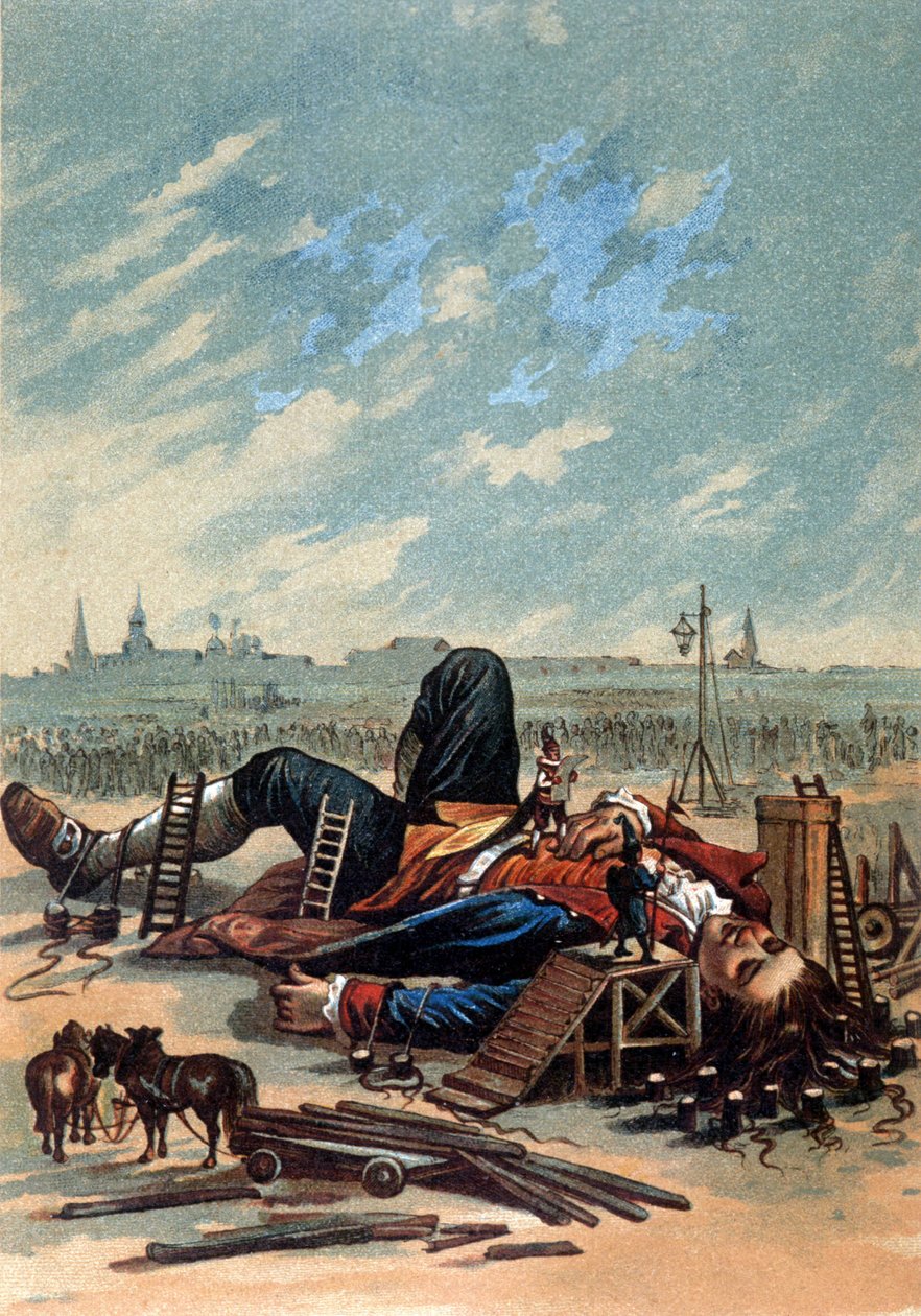 Illustratie van Lilliputters die Gulliver vastbinden. Chromolithografie, eind 19e eeuw door Unknown artist