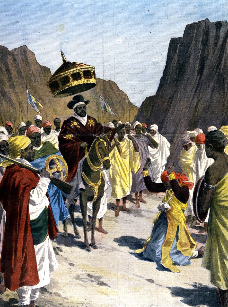 In Borumieda, de Ras Mangacha, gouverneur van de provincie Tigrai (Tigray) in Abessinië maakt een daad van onderwerping aan Negus Menelik II (1844 - 1913) met de steen om zijn nek. 1899. Ill. de Silhouette voor de pers door Unknown artist
