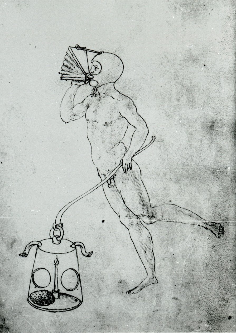 In een volume van Francesco di Giorgio verschijnt deze tekening van een blaasbalg voor onderwaterademhaling door Unknown artist
