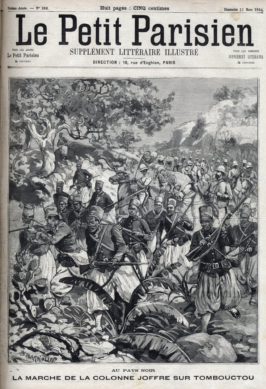 In de Franse koloniën: de mars van de colonne van generaal Joseph Joffre (1852-1931) en zijn leger van spahis naar Timboektoe (Mali). Gravure in 