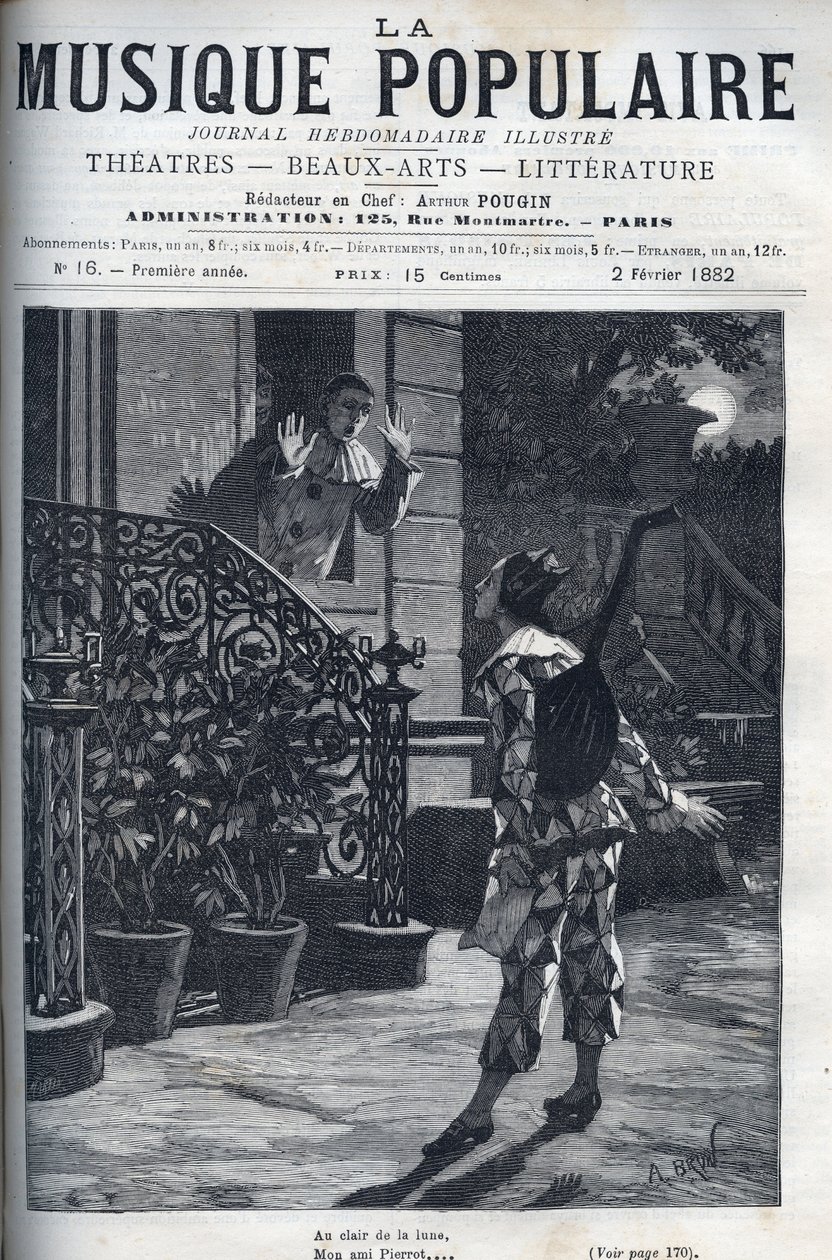 In het maanlicht, een voorstelling van het populaire lied. Harlekijn op Pierrots balkon, in het maanlicht. door Unknown artist