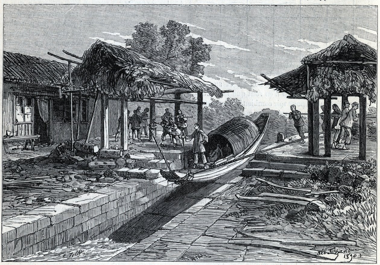 Hellend vlak voor boten in Ning-Po (of Ning Po in China). Gravure in 