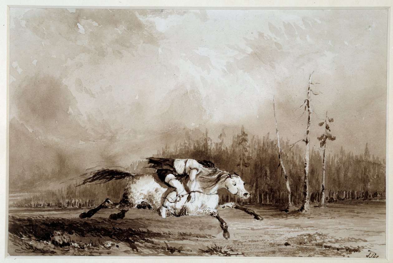 Indiaan van Amerika: Een paard in galop met een vastgebonden man door Unknown artist