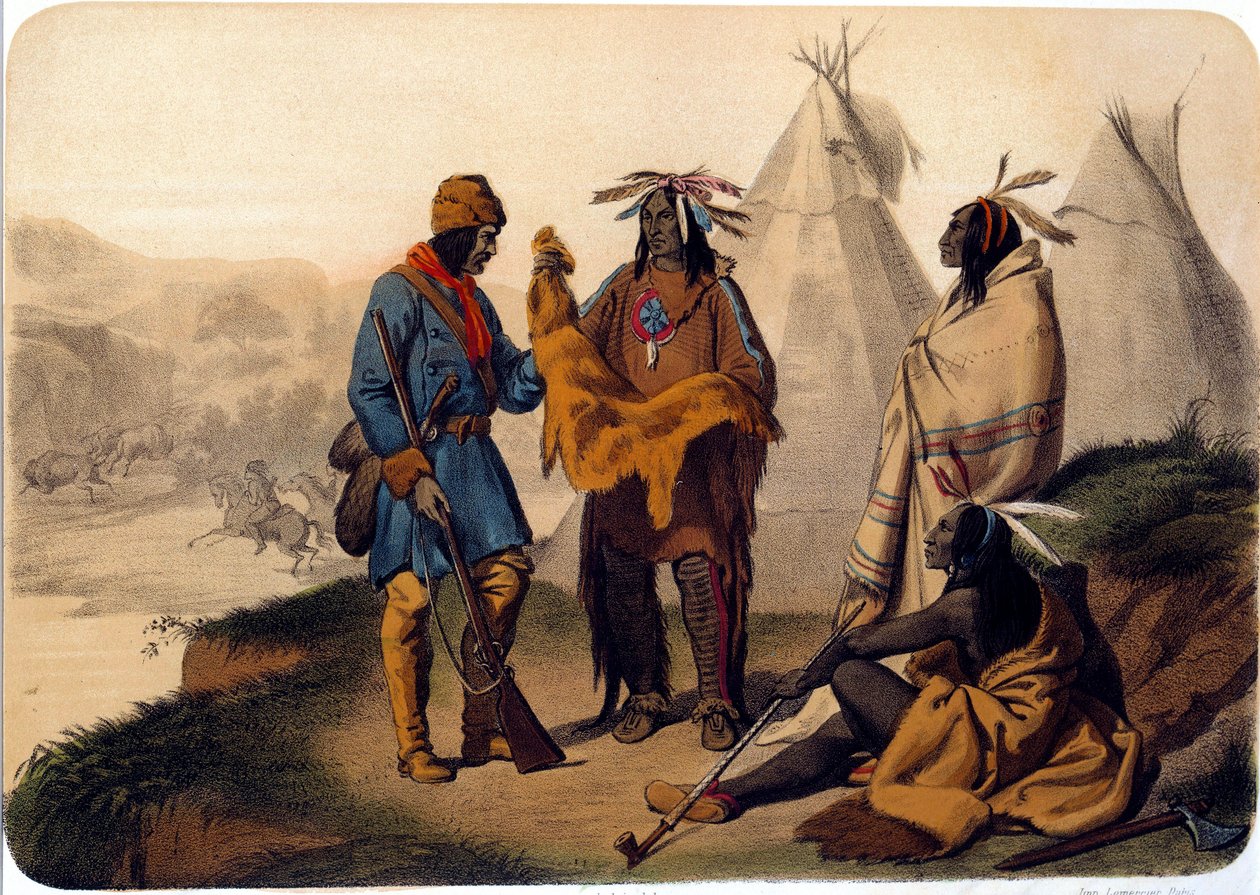 Indianen van Amerika: een pelsjager ruilt met Indianen door Unknown artist