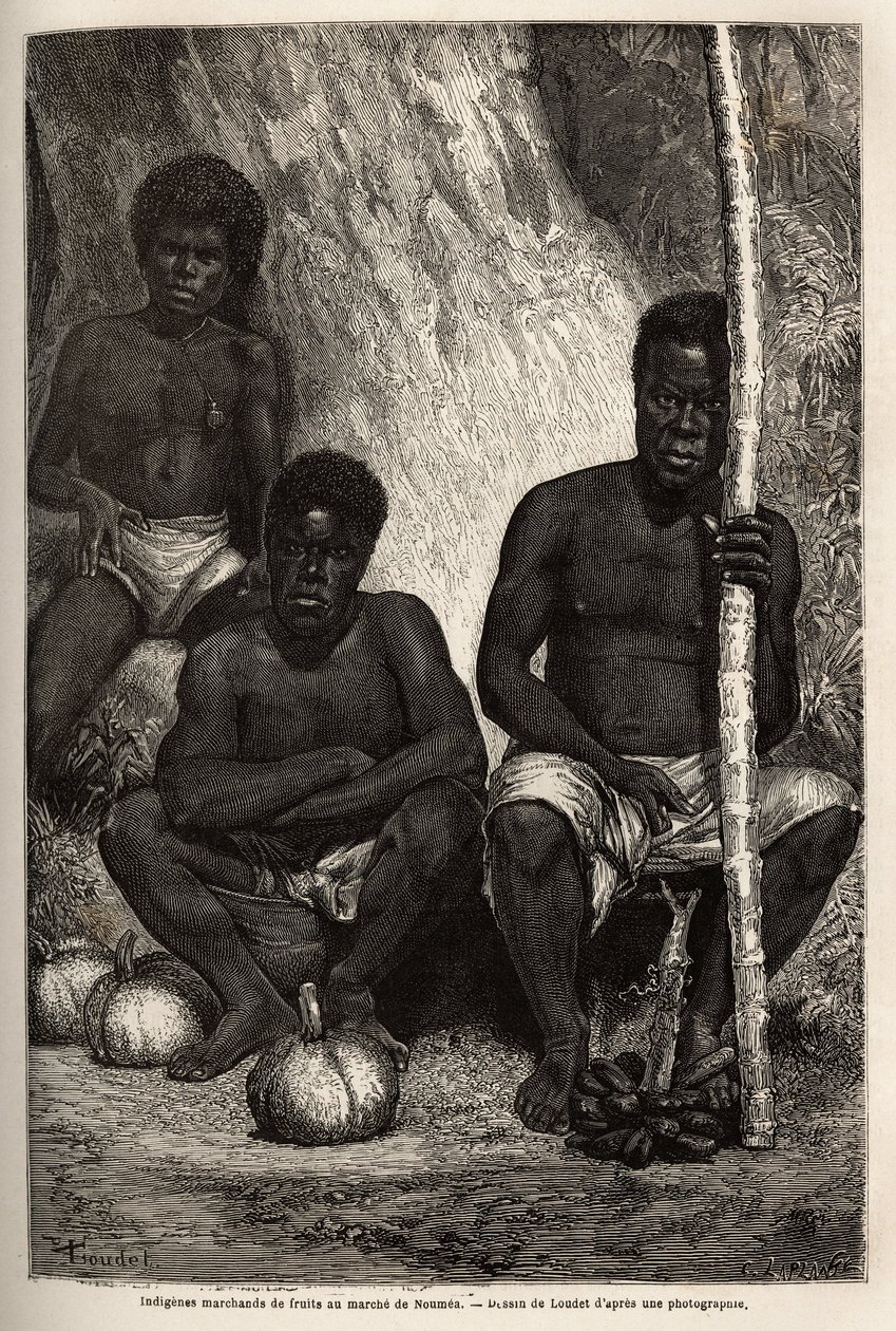 Inheemse fruitverkoper, op de markt van Noumea (Nieuw-Caledonië). Gravure ter illustratie van de reis naar Nieuw-Caledonië van 1863 tot 1866, door Jules Garnier, civiel ingenieur van mijnen, in 