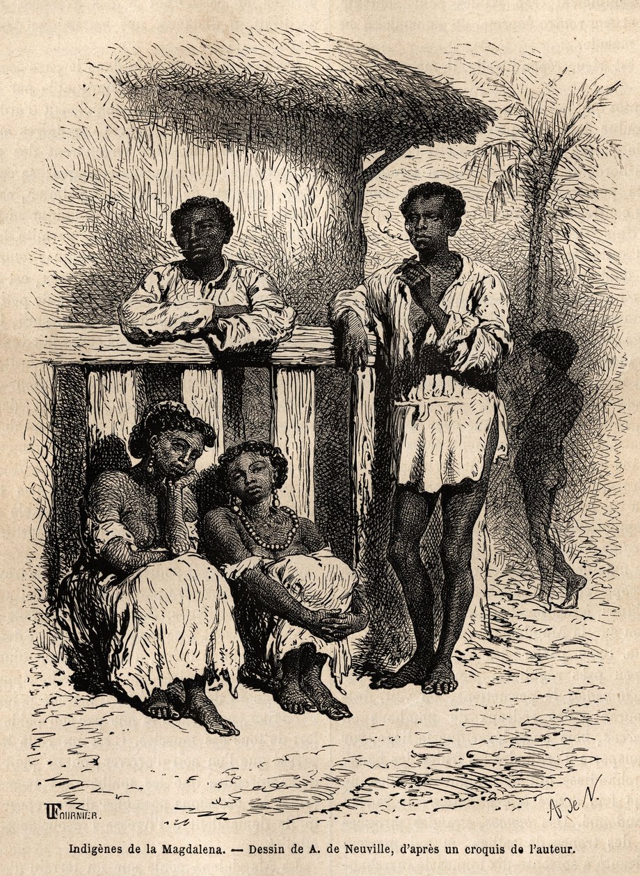Inheemse mensen van de Magdalena (rivieren), in de straten van de stad Mompox (Colombia). Gravure ter illustratie van de reis naar Nieuw-Granada, door Dr. Saffray, in 1869, gepubliceerd in 