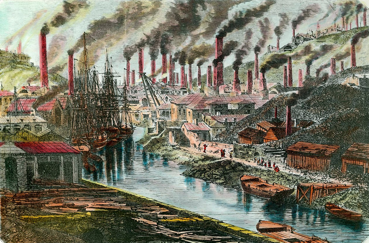 Industriële Revolutie: Overzicht van de kopermijn van de heer Vivian in Swansea, Wales door Unknown artist