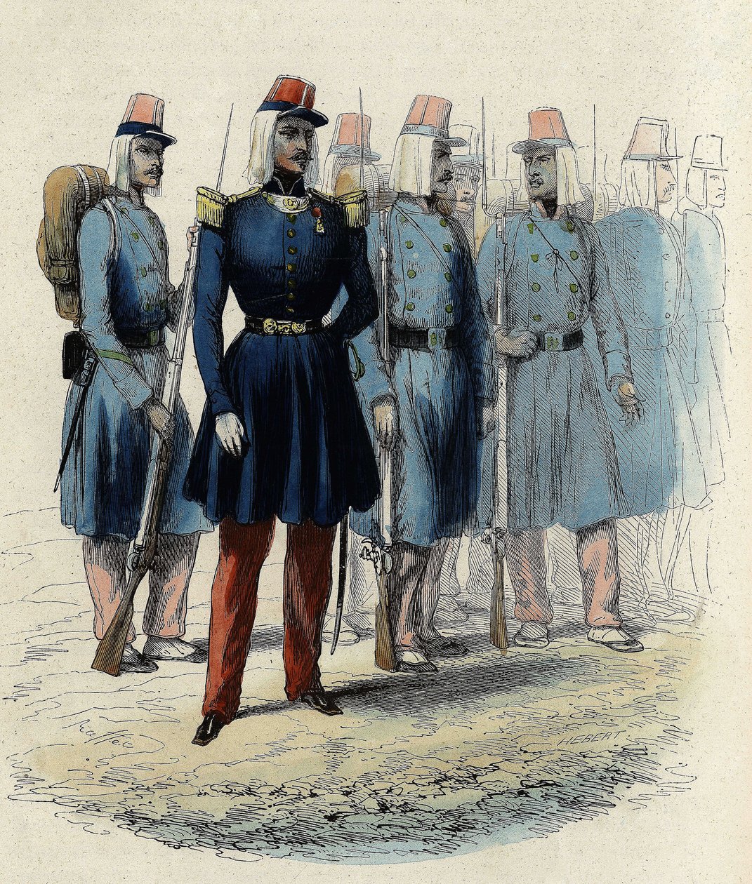 Infanterie van het Franse leger in 1830 in Algerije, officier, onderofficieren en soldaten, in 
