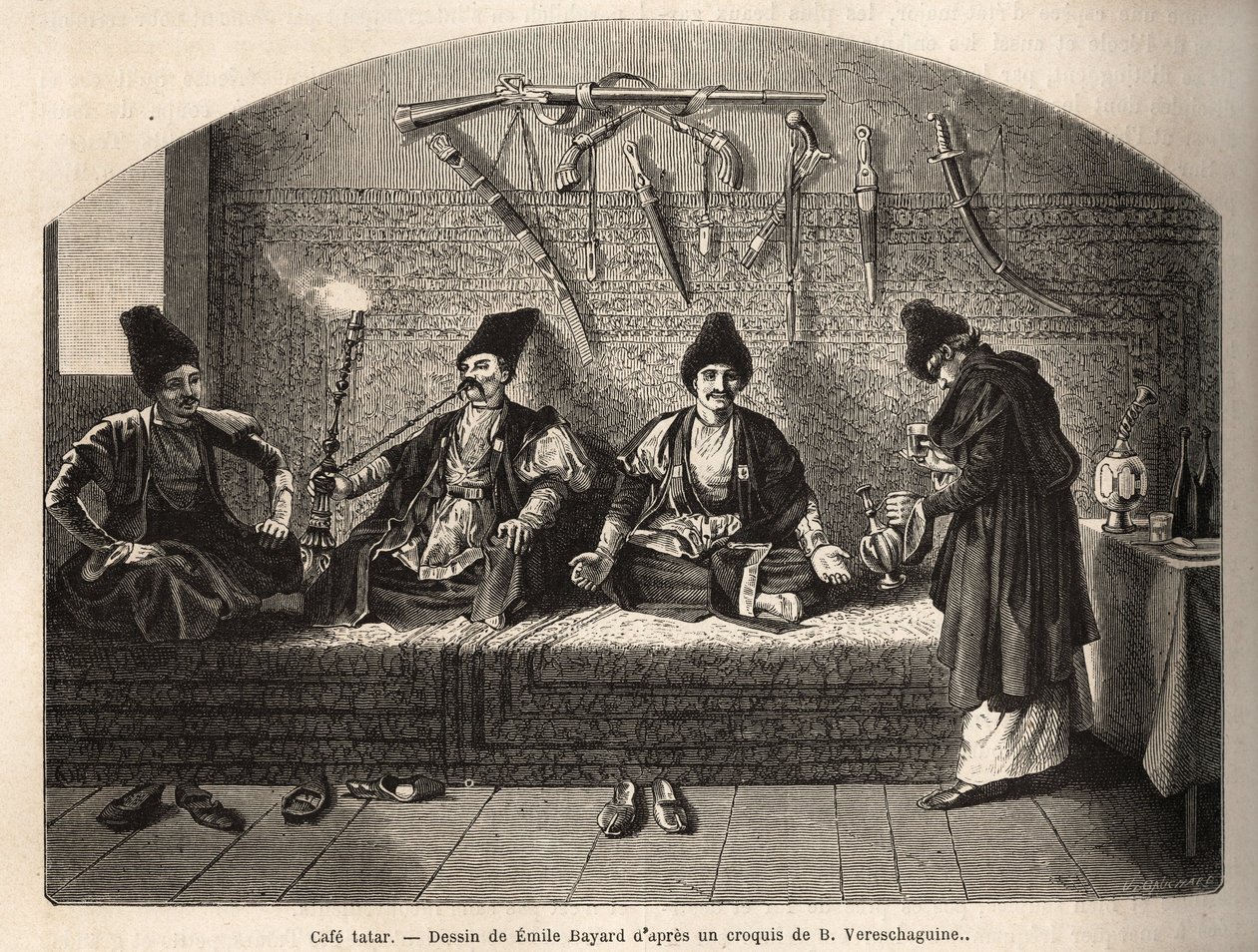 Binnen in een Tataarse café in Schoucha (Transkaukasië, Rusland), waar mannen samenkomen om thee te drinken en waterpijp te roken. Gravure ter illustratie van de reis in de provincies van de Kaukasus, door Basile Vereschaguine, in 1864-1865, gepubliceerd i door Unknown artist