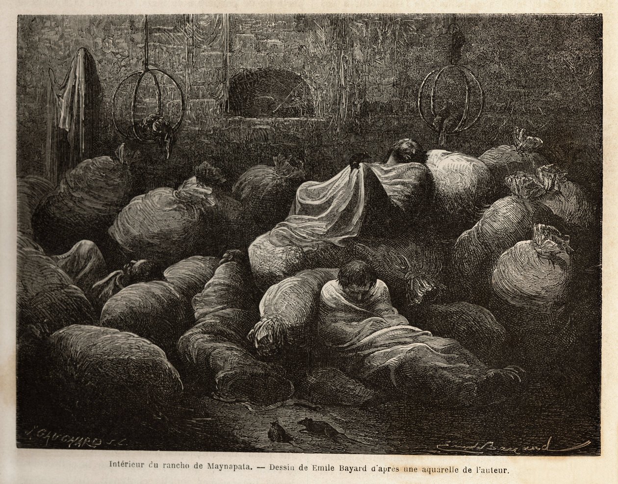 Binnen een rancho van Maynapata (Laag-Peru), verrast door een sneeuwstorm, nemen reizigers hun toevlucht in een modderhut en rusten en verwarmen zich tussen zakken met aardappelen en maïs. Gravure ter illustratie van de reis in de valleien van Quinquinas ( door Unknown artist