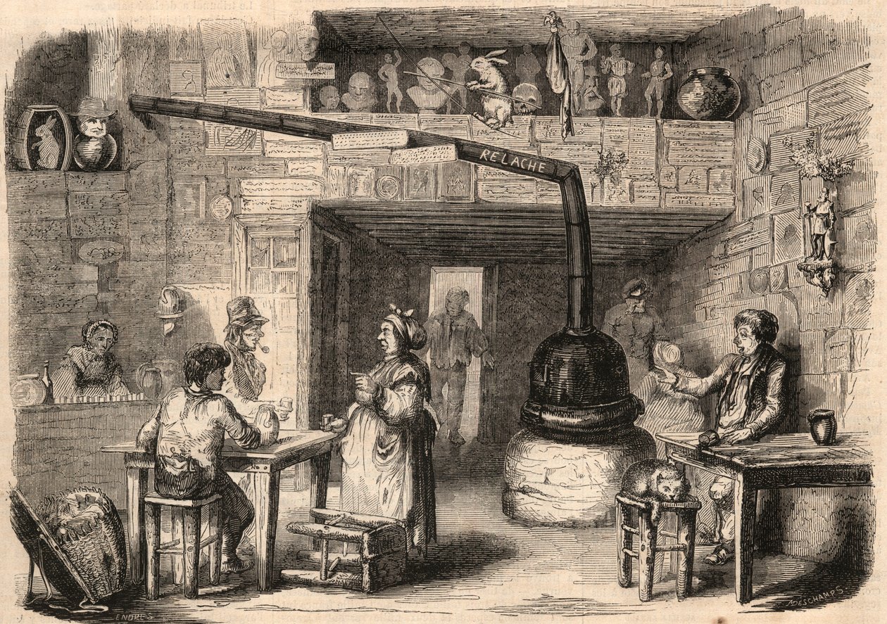 Binnen in het cabaret le Lapin Blanc (Witte Konijn), rue aux feves in Parijs voor de sloop. Een taverne die dateert uit de eerste tijd van de monarchie. Gravure in 