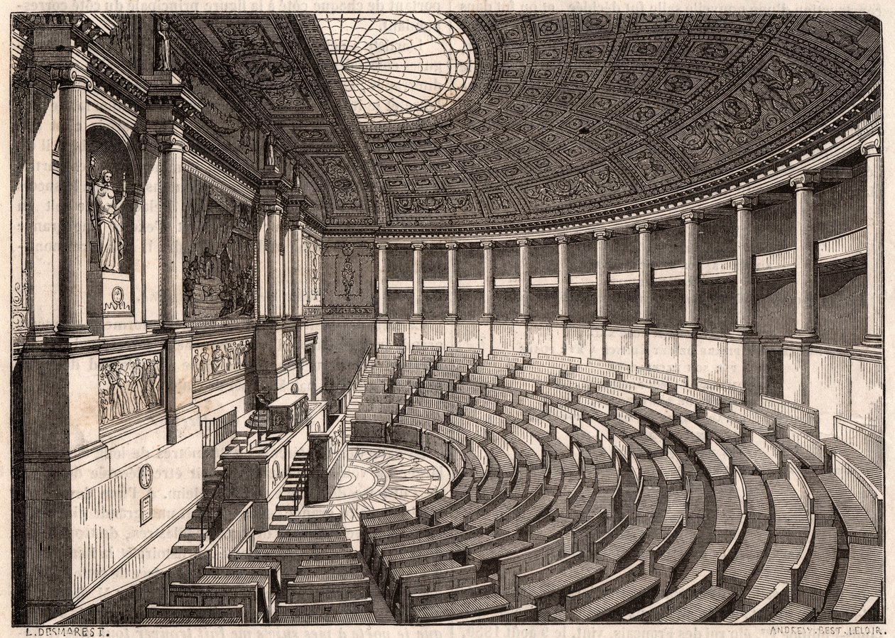 Binnenaanzicht van de Kamer van Afgevaardigden (Nationale Vergadering), voorheen Palais Bourbon genoemd, Parijs, Frankrijk door Unknown
