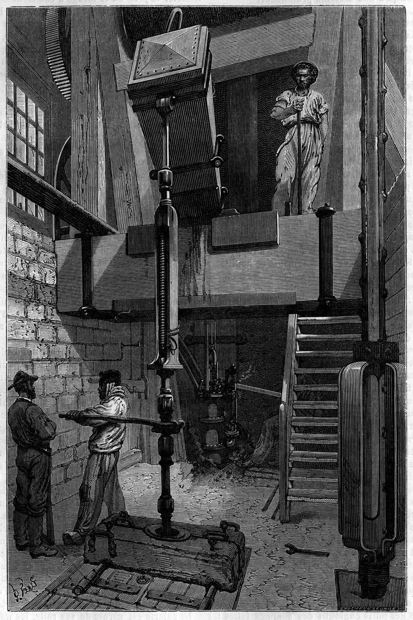 Installatie van een boor om een steenkoollaag te ontdekken. Gravure in 