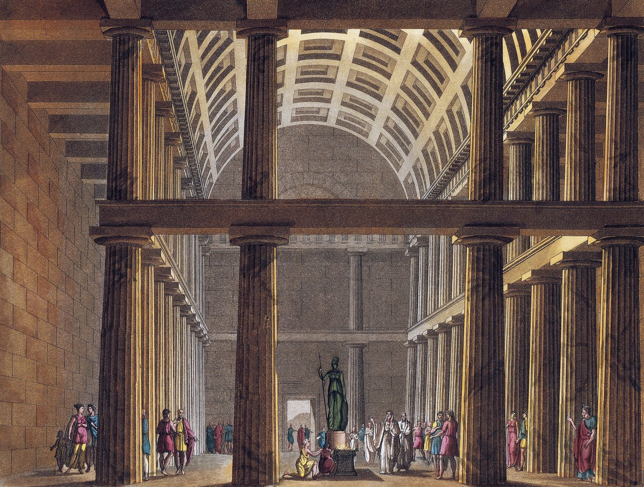 Interieur van het Parthenon - Beeld van de godin Athena (Minerva) binnen het Parthenon van Athene, Oud-Griekenland - Gravure rond 1820 door Unknown artist
