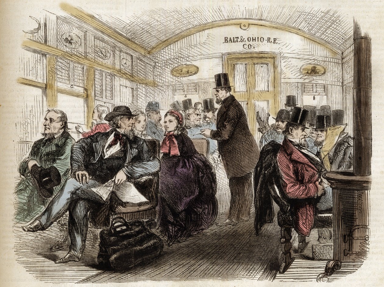Interieur van een wagon op de Baltimore & Ohio Railroad, VS - 1861 - interieur van een Amerikaanse wagon in 1860 door Unknown artist