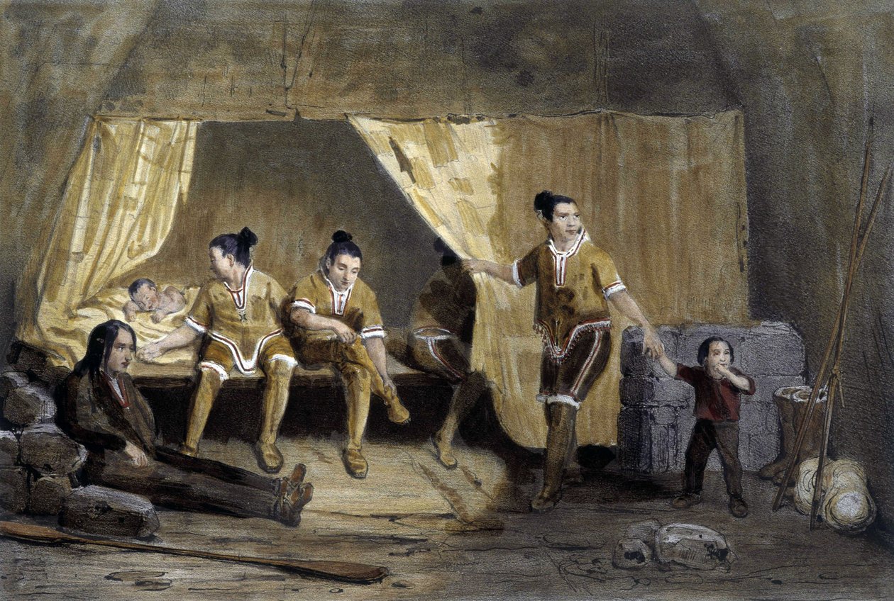 Interieur van een Eskimo-box, Frederikshaab, Groenland - lithografie door Unknown artist