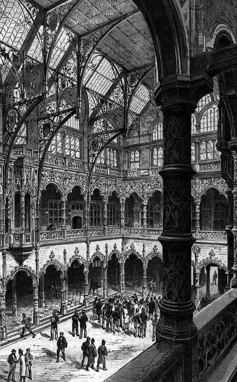 Interieur van de Antwerpse Beurs in de 19e eeuw. Gravure in 