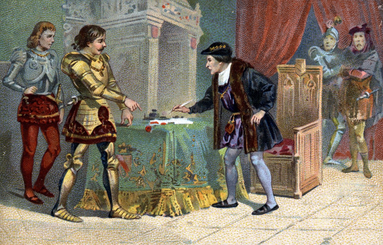 Interview van Lodewijk XI (1423-1483), koning van Frankrijk en Karel de Stoute, hertog van Bourgondië, in Peronne in oktober 1468. Liebig chromolithografie uit de 19e eeuw door Unknown artist