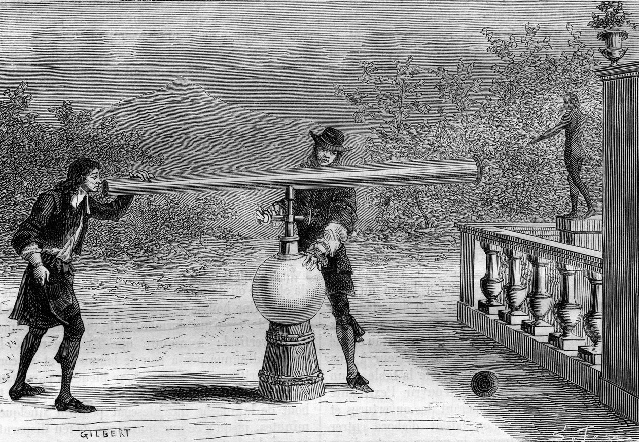 Uitvinding: Sarbacan of pneumatisch geweer door Otto von Guericke, Duitse uitvinder. Gravure in 