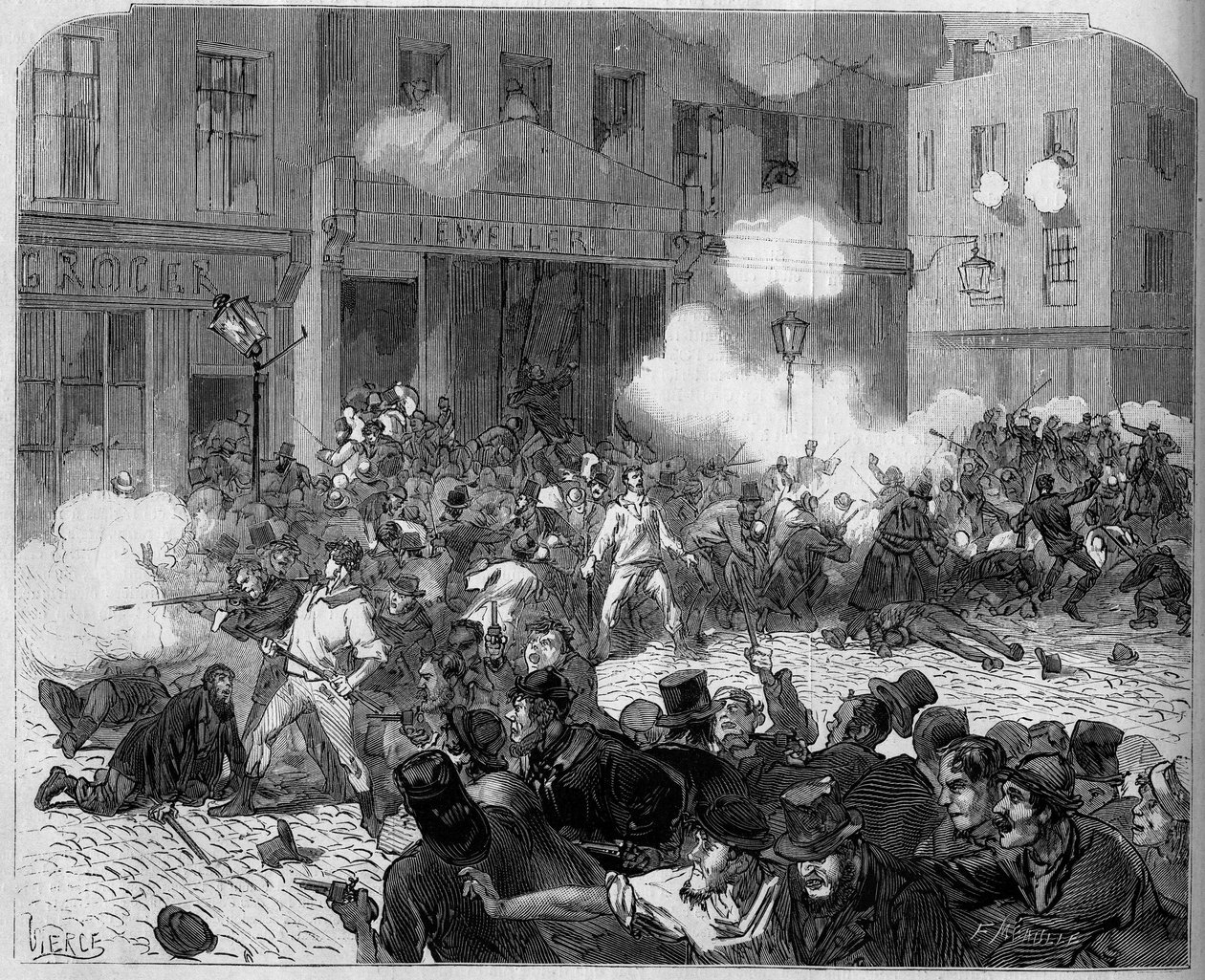 Ierland 1872: Belfast problemen, strijd tussen Orangisten en Katholieken. door Unknown artist