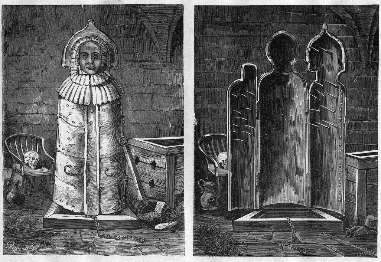 IJzeren maagd (folterinstrument) - IJzeren maagd of maagd van Neurenberg folterinstrument in de vorm van een ijzeren of houten sarcofaag - gravure van 1881 door Unknown artist