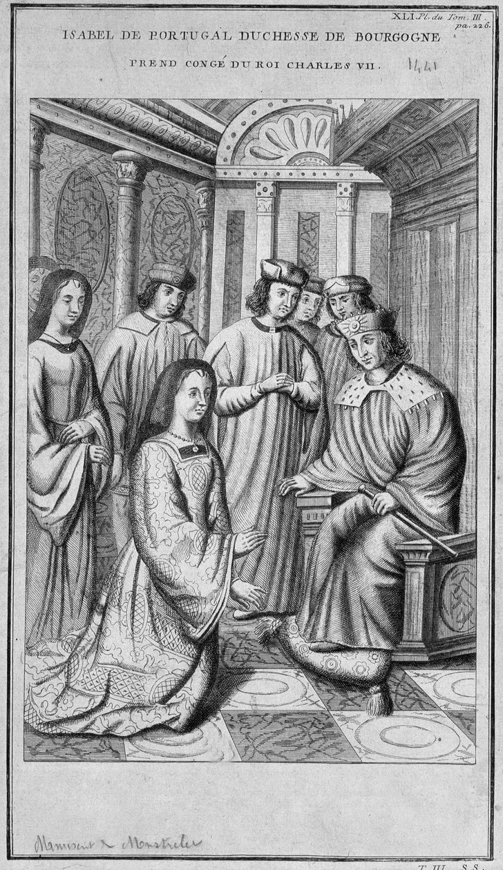 Isabella van Portugal (1397-1472) hertogin van Bourgondië neemt afscheid van koning Karel VII door Unknown artist