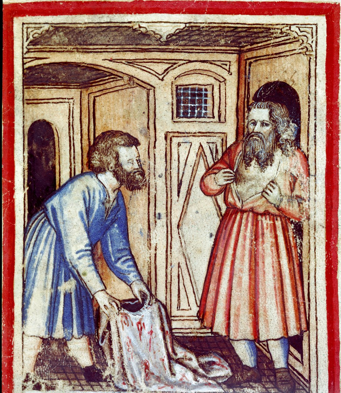 Jacob verneemt de dood van zijn zoon Jozef, verkocht door zijn broers aan de Egyptenaren Miniatuur uit codex 212 (of padovano codice of Bijbel van Padua) 1390-1400 Rovigo, Accademia dei Concordi door Unknown artist