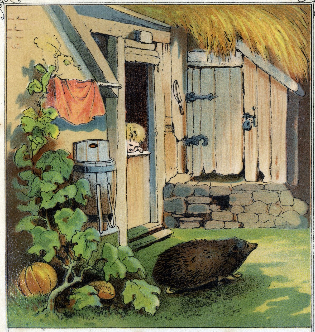Jacques observeert een egel die de binnenplaats van zijn huis oversteekt. Chromolithografie uit “Scènes enfantines”, ed. Guerin - Muller circa 1885 door Unknown artist