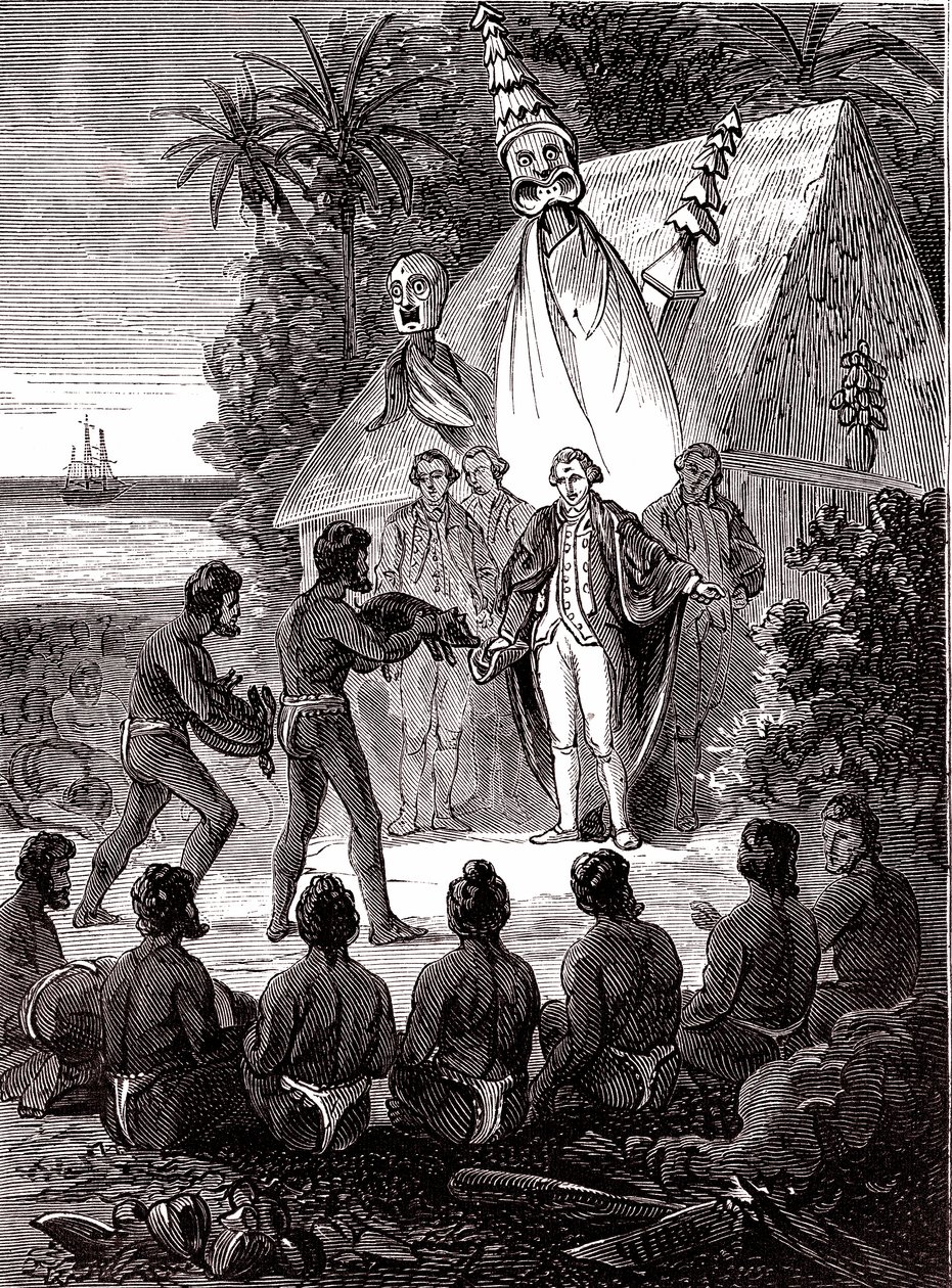 James Cook met de inboorlingen van het eiland Sandwich door Unknown artist