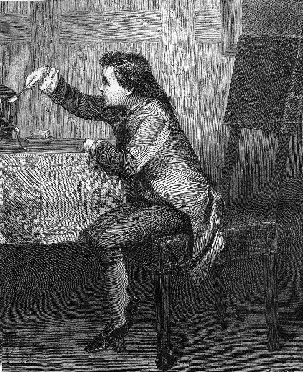 James Watt (1736-1819) als kind ontdekt de wetten van stoom. Gravure uit 1868 naar het schilderij van Marcus Stone. door Unknown artist