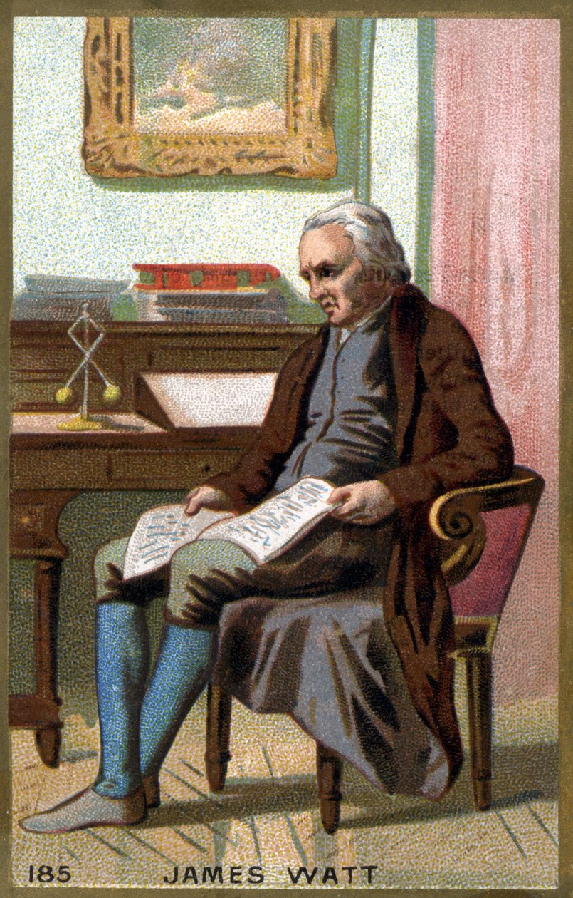 James Watt (1736 -1819) in zijn kantoor. 19e eeuwse chromolithografie door Unknown artist