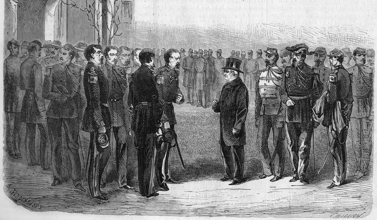 Januari 1873: Adolphe Thiers (1797-1877), Franse politicus, President van de Republiek vergezeld door de Minister van Oorlog en Generaal Hartung bezoekt de École Polytechnique. Gravure uit 1873. door Unknown artist