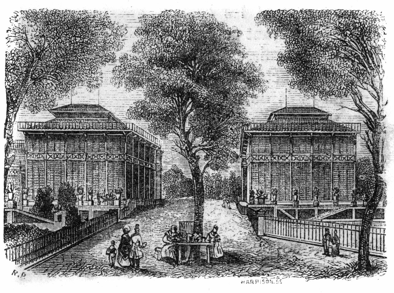 Jardin des Plantes in Parijs in 1861: ijzeren paviljoens. door Unknown artist