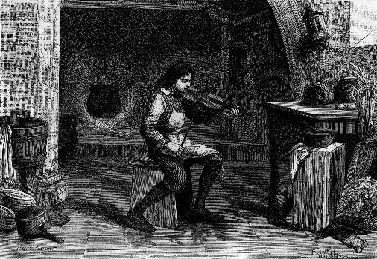 Jean Baptiste Lully (Giovanni Battista Lulli), kind, speelt viool in de keuken van Mademoiselle de Montpensier. Gravure door Unknown artist