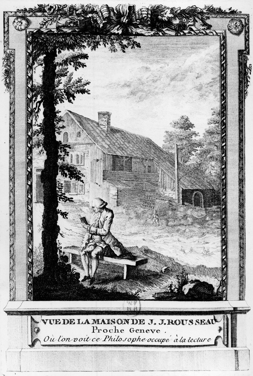 Jean Jacques Rousseau (1712-1778), Franstalige Geneefse schrijver en filosoof; gezien vanuit zijn huis (bij Genève). door Unknown artist