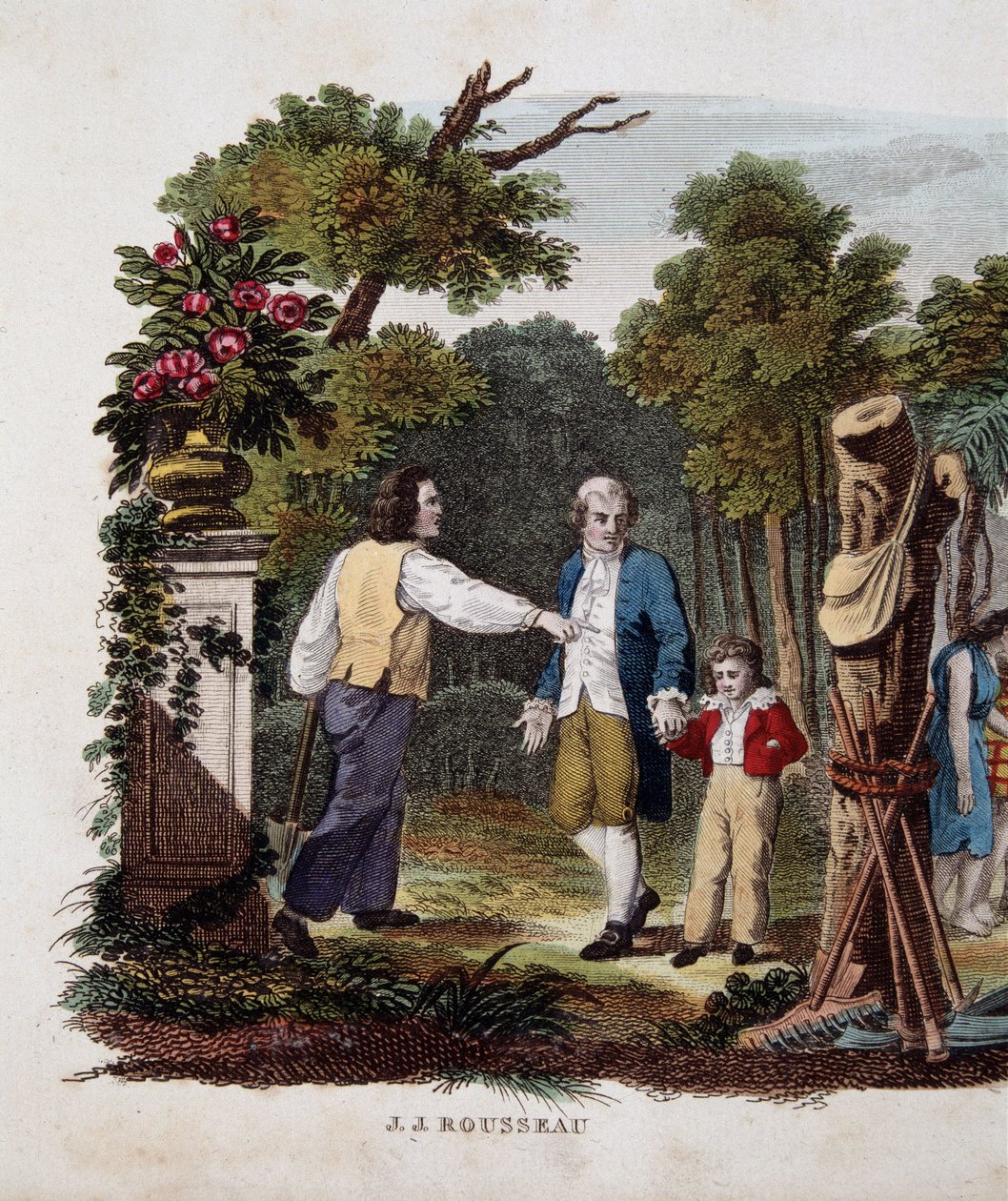 Jean Jacques Rousseau met een kind, aangesproken door een boer door Unknown artist