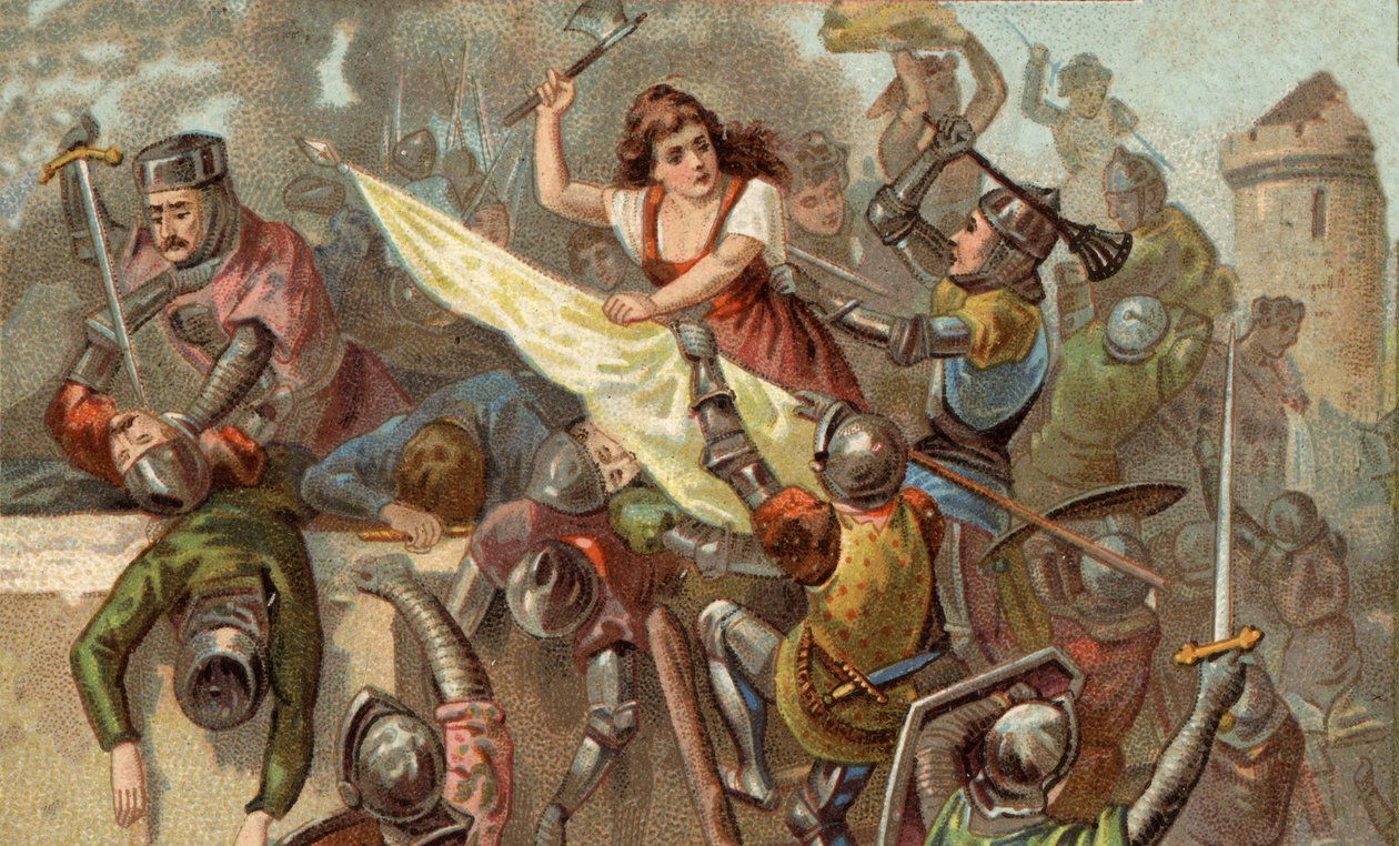 Jeanne Laisné genaamd Jeanne Hachette (geboren in 1454), figuur van het Franse verzet tegen Karel de Stoute tijdens het beleg van de stad Beauvais door Unknown artist
