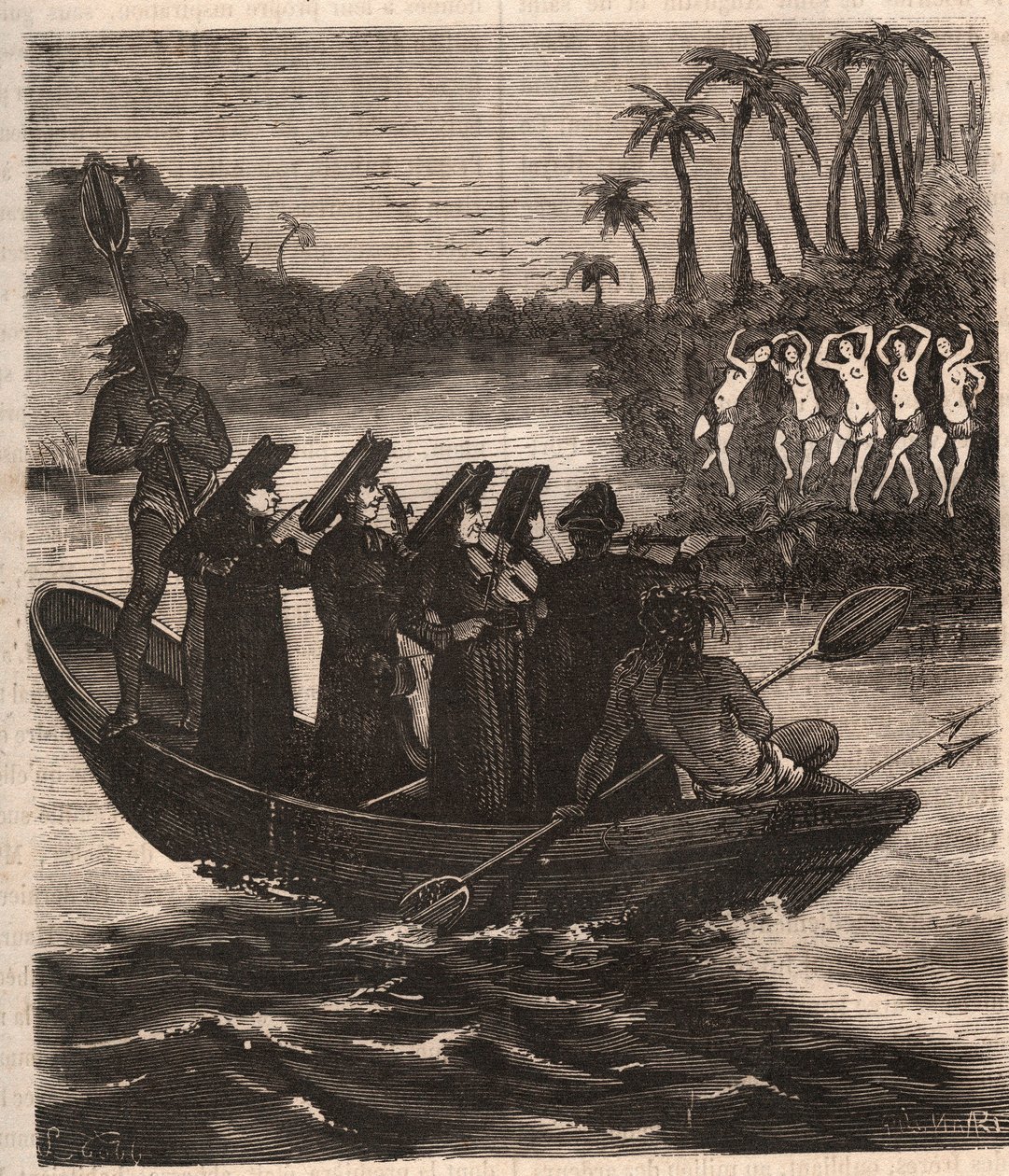 Jezuïetenmissionarissen arriveren per boot bij de Guarani-indianen in Paraguay in 1553 - Gravure van 1879 in 