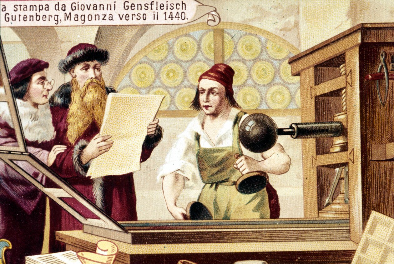 Johannes Gensfleisch Gutenberg (1400-1468). circa 1440. 19e-eeuwse chromolithografie door Unknown artist