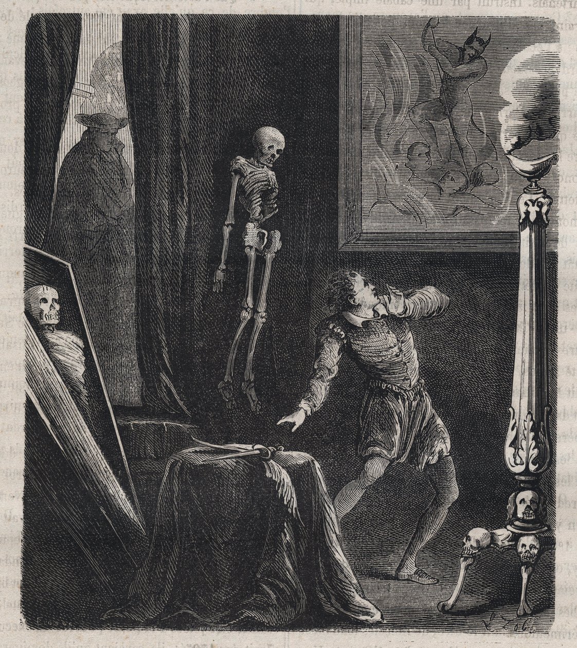John Chatel (Chastel) (1575-1594) opgesloten door de Jezuïeten in de kamer van meditatie - voor zijn moordaanslag op koning Hendrik IV van Frankrijk op 27 december 1594. Gravure uit 1879 in 