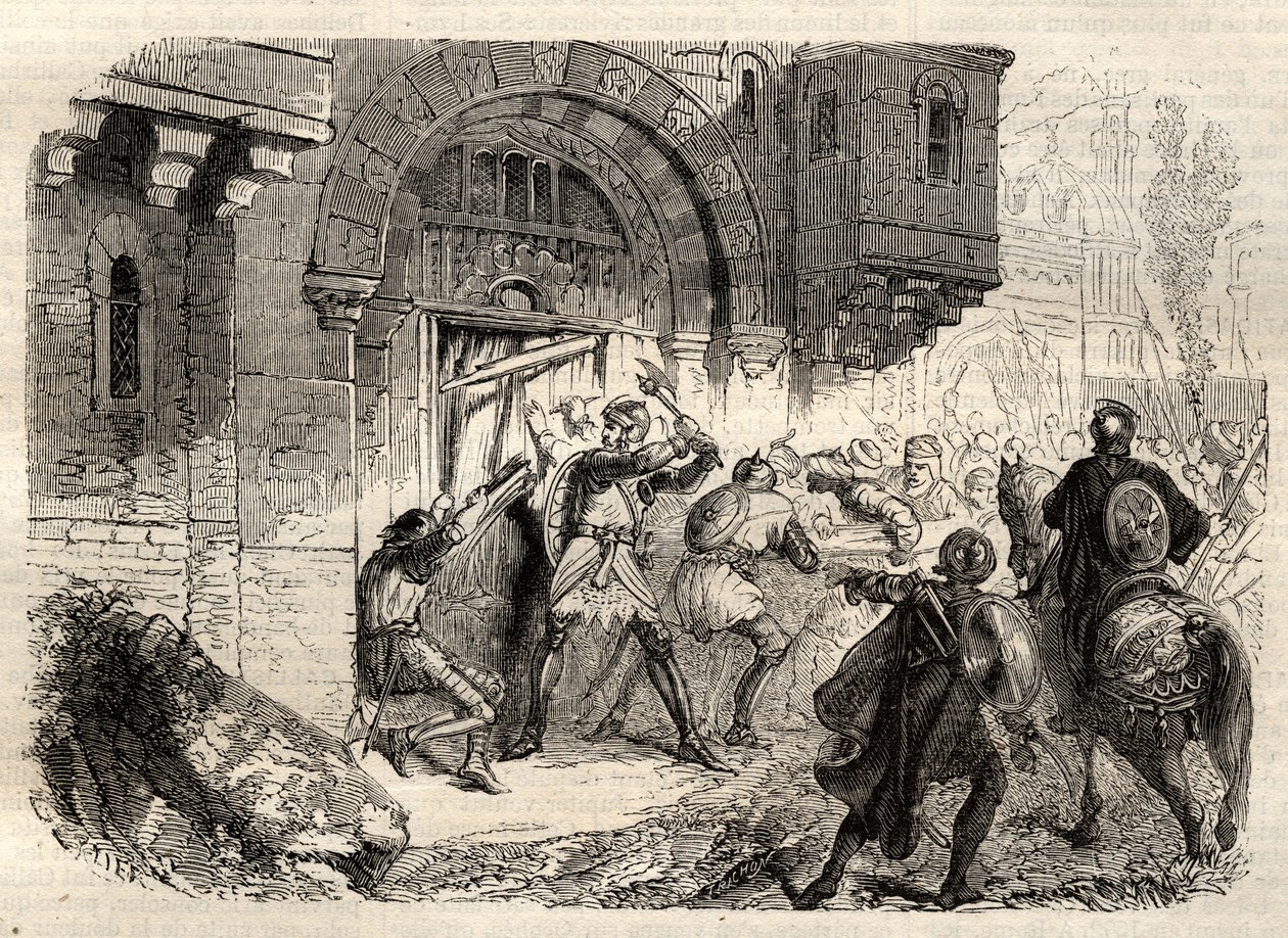 Johannes II Comnenus, Byzantijnse keizer - De keizer Johannes II Comnene (1087-1143) aan het hoofd van de Grieken die de deur van zijn paleis in Constantinopel openen - gravure in 