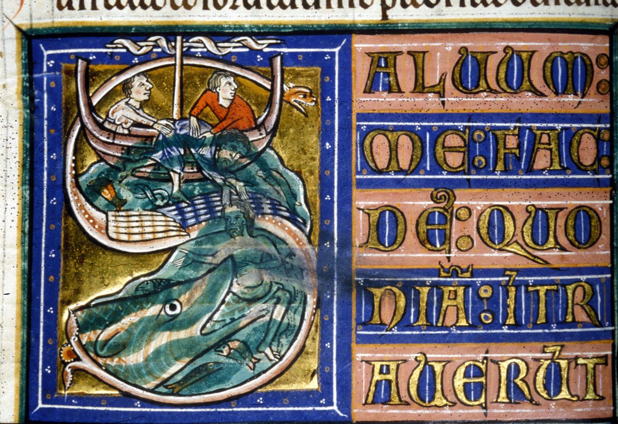 Jona wordt in zee gegooid en verslonden door een grote vis. 14e-eeuws manuscript. Gemeentelijke Bibliotheek van Vercelli door Unknown artist